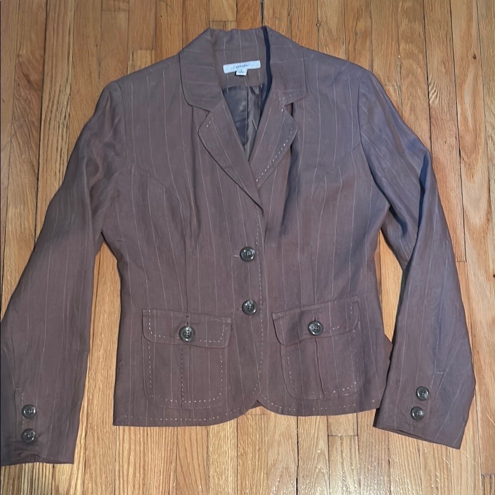 Merona Vintage Brown Pin Striped Linen Blazer and Pants Suit Size 4